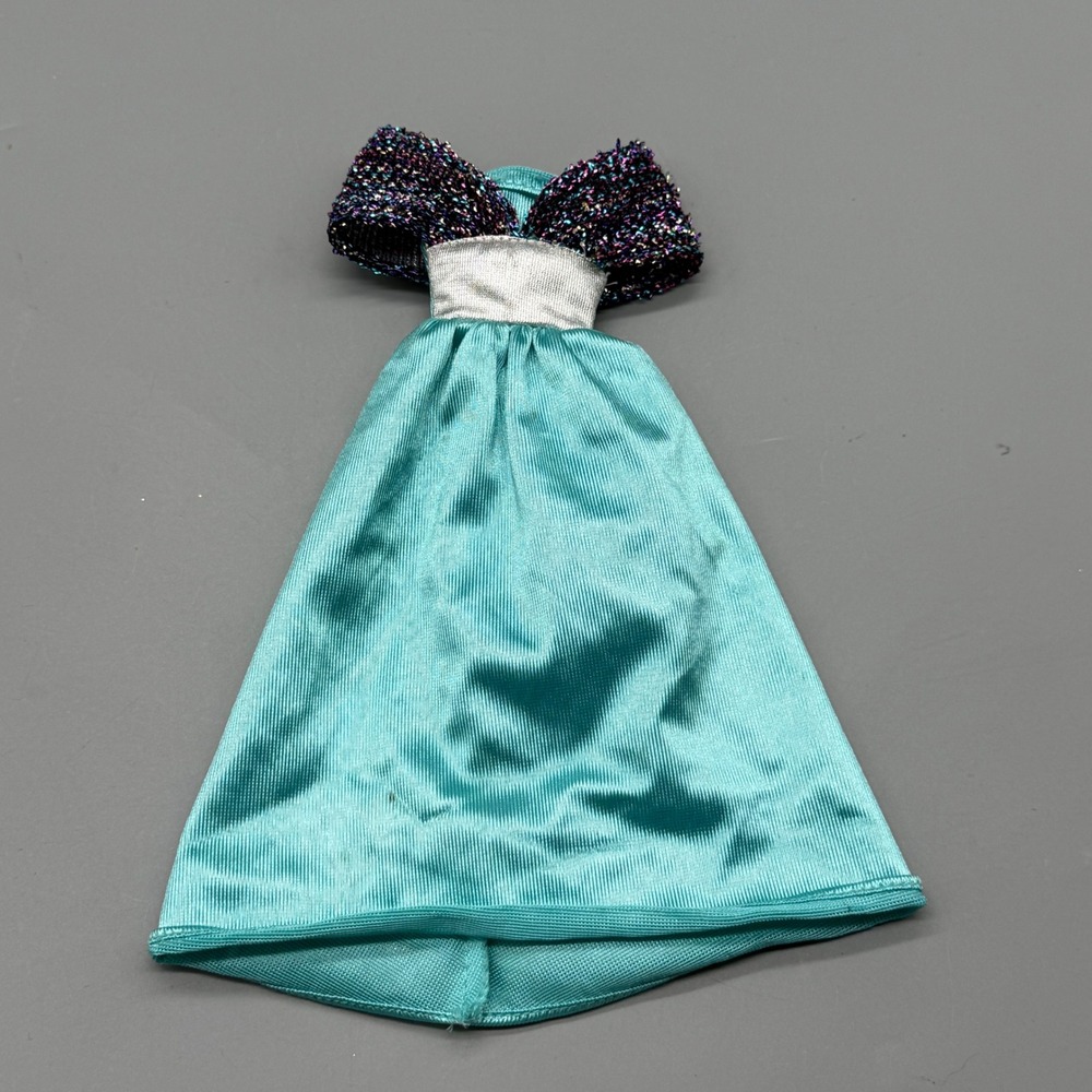 Genuine Barbie Vintage Teal Gown Silver Waist Multi Glitter Bow Dress